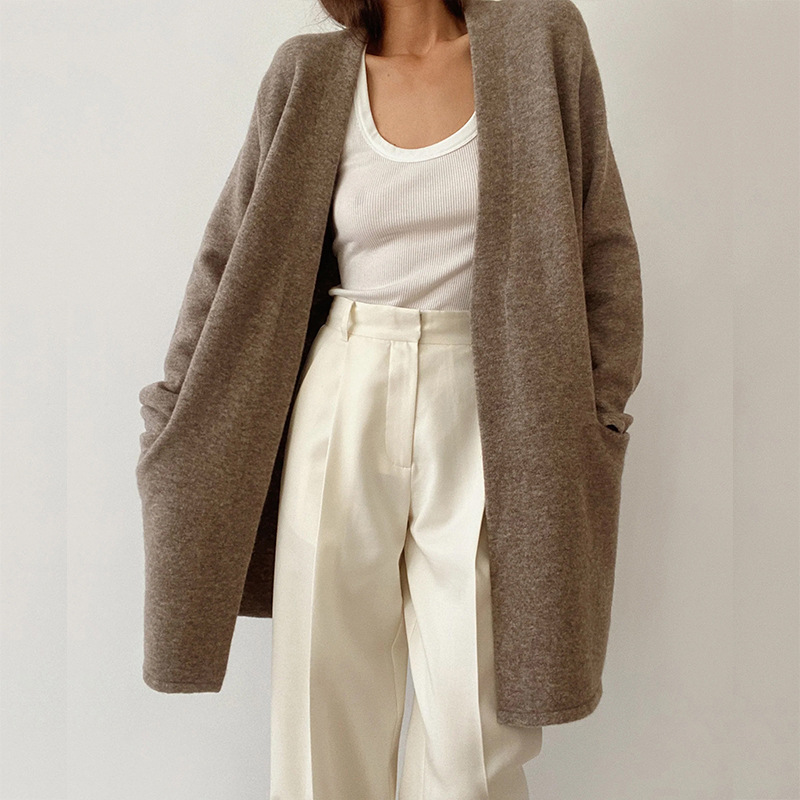 Women's beige wool knit open-front cardigan relaxed fit with side pockets everyday cozy style