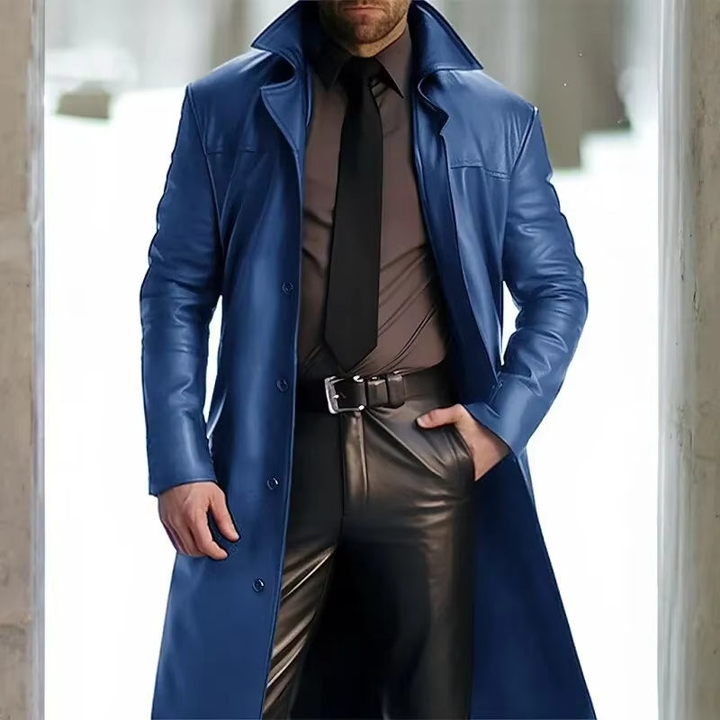 Men's classic beige long trench coat with button-down closure for timeless winter sophistication