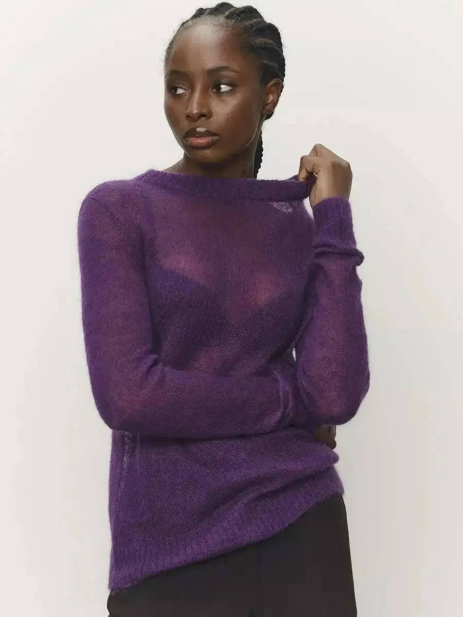 Women's lightweight semi-sheer mohair knit sweater O-neck pullover in neutral tone for layering