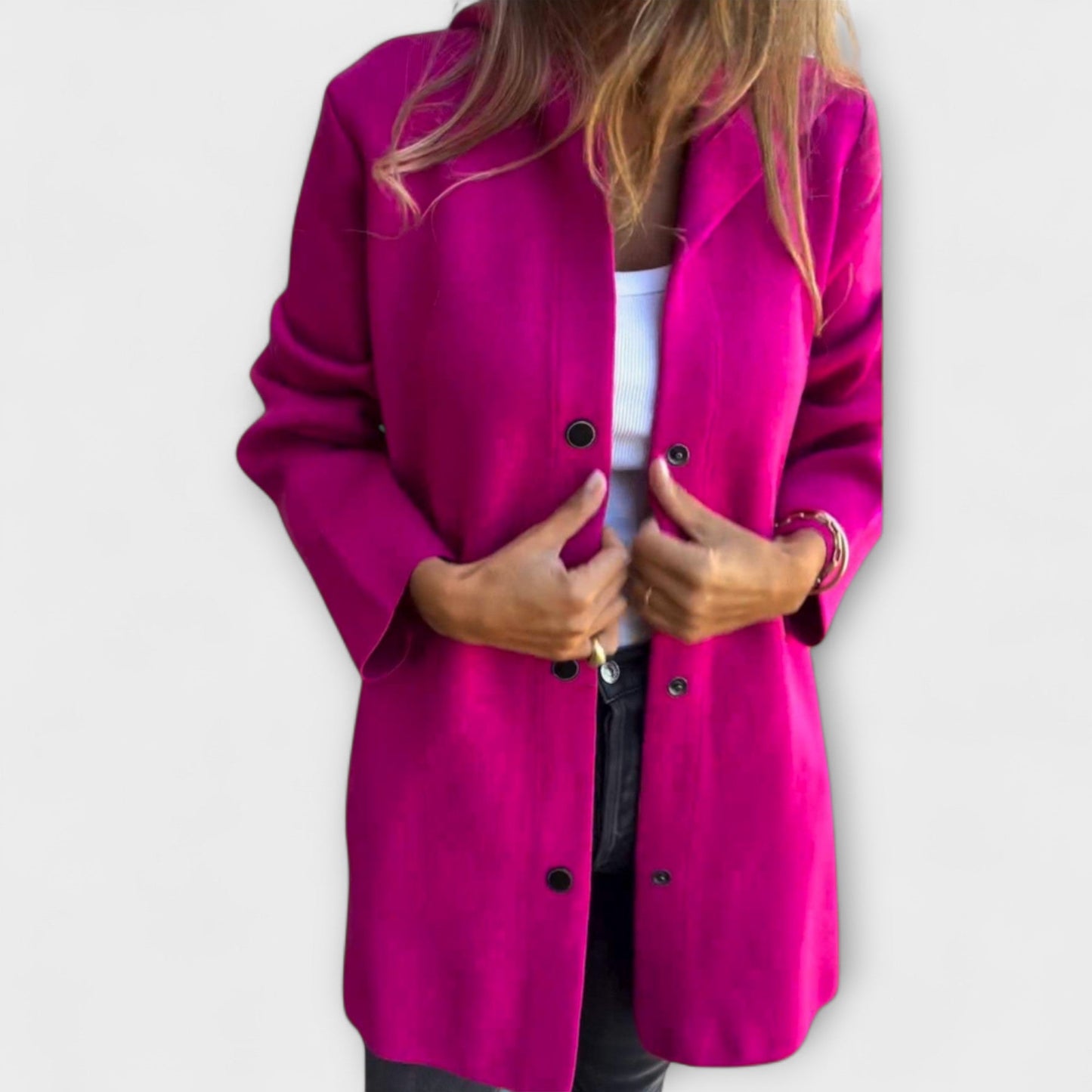 Women's camel long coat tailored silhouette button-front closure everyday casual elegance
