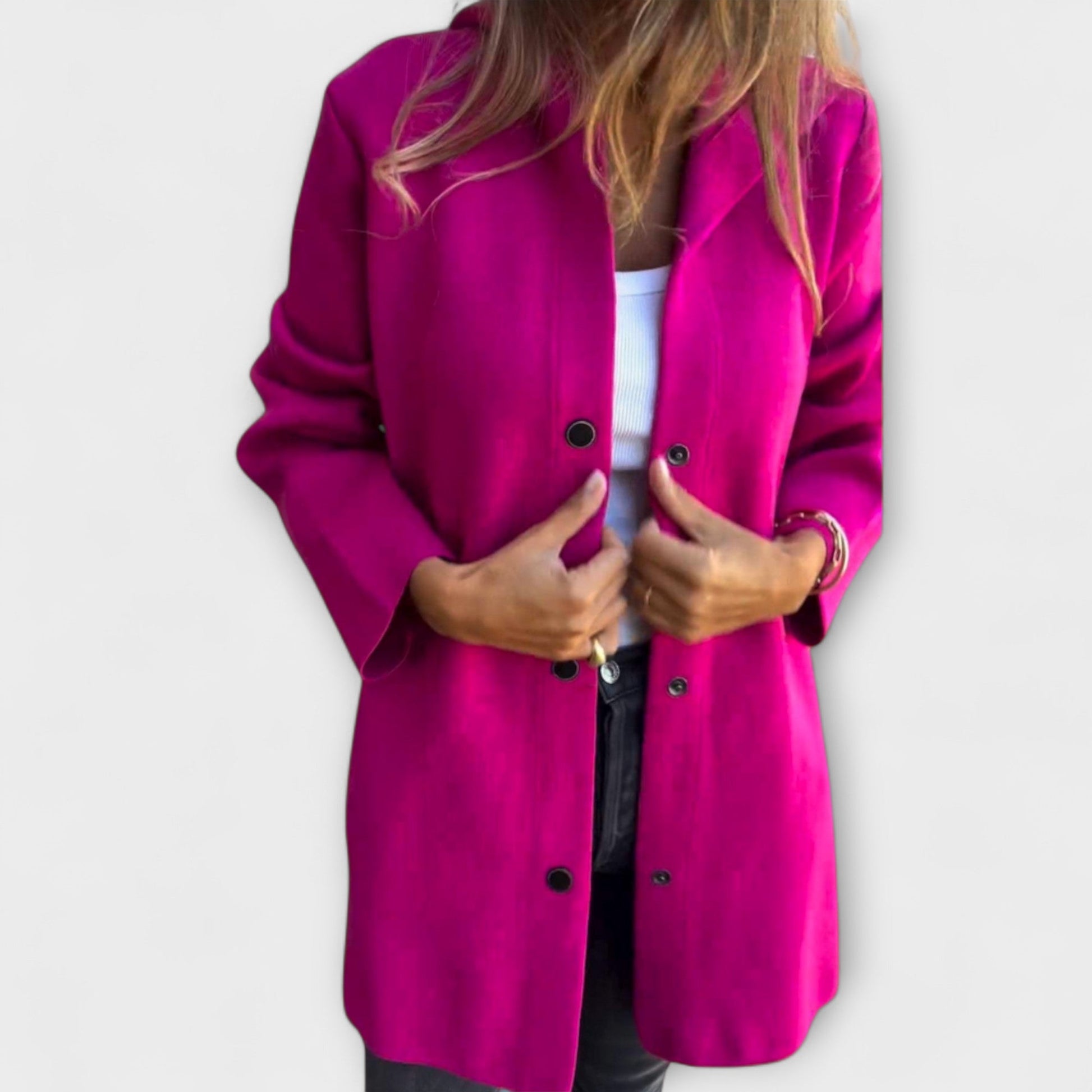 Women's camel long coat tailored silhouette button-front closure everyday casual elegance
