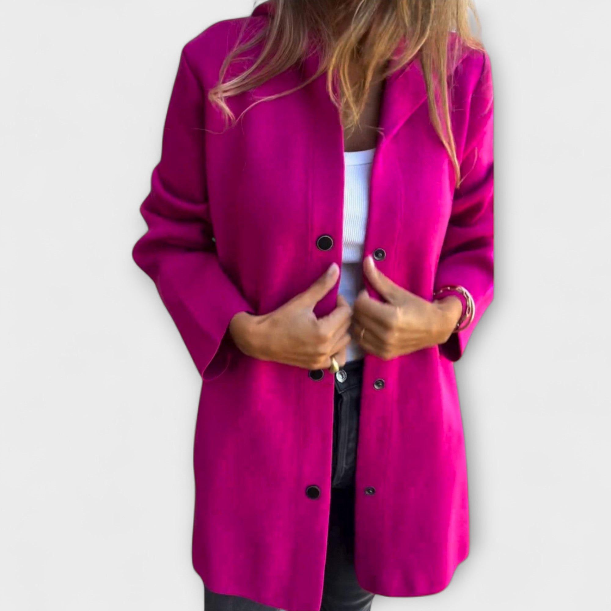 Women's camel long coat tailored silhouette button-front closure everyday casual elegance