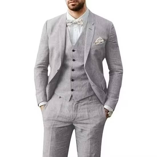 Light blue men's three-piece linen suit with vest, breathable slim-fit design for summer weddings
