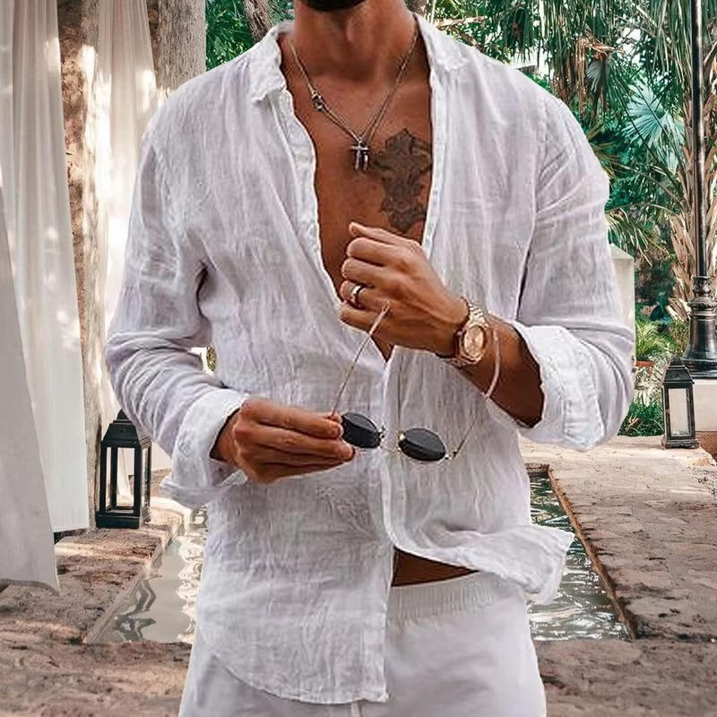Men's natural beige linen long sleeve shirt, regular fit, lightweight breathable fabric for everyday wear