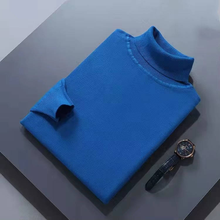 Men's slim fit cashmere turtleneck sweater with fold-over collar, soft luxury knit smart casual style
