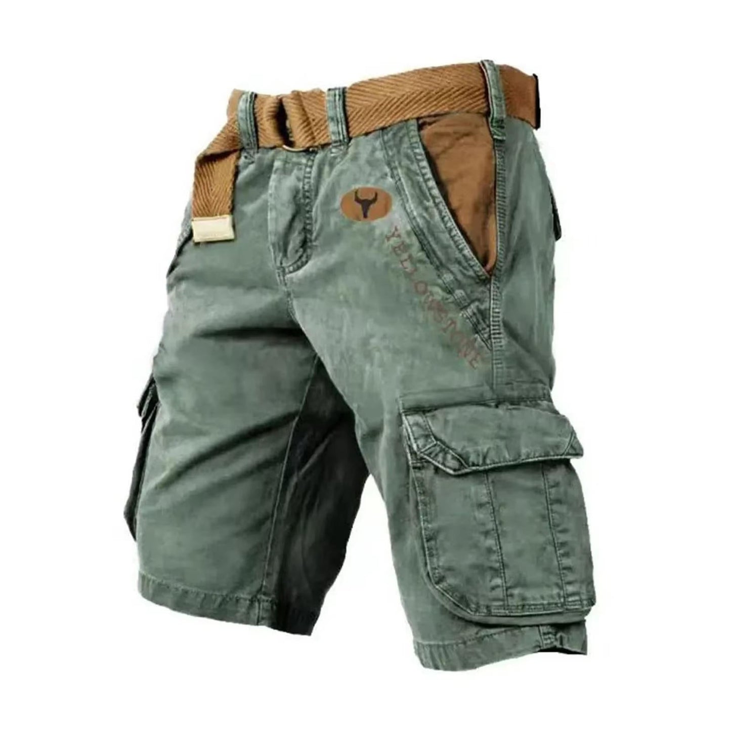 Men's khaki multifunctional cargo shorts with six-pocket layout, slim outdoor travel fit