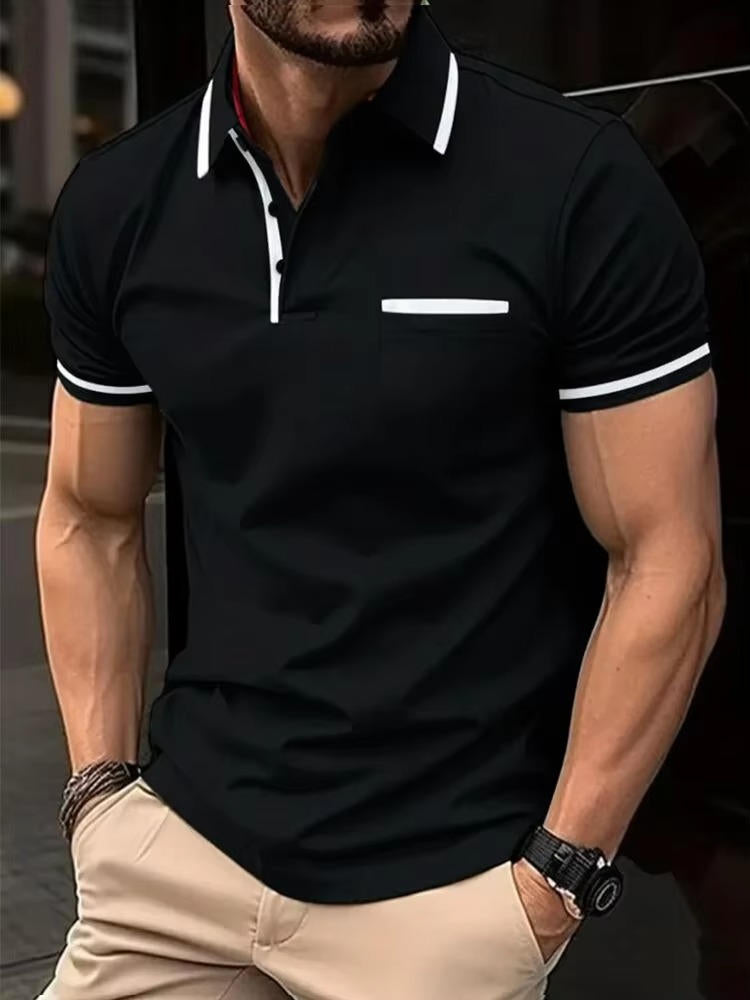 Men's short sleeve polo shirt chest pocket classic fit breathable cotton blend modern everyday wear