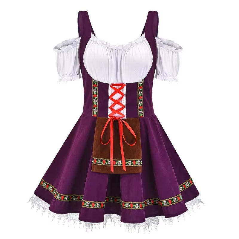 Traditional Bavarian dirndl dress with coordinating ribbon, festive Oktoberfest style complete set