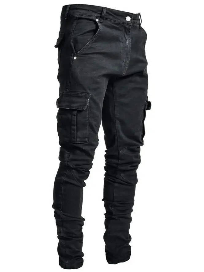 Men's dark wash tapered cargo jeans modern slim fit with multiple functional side pockets