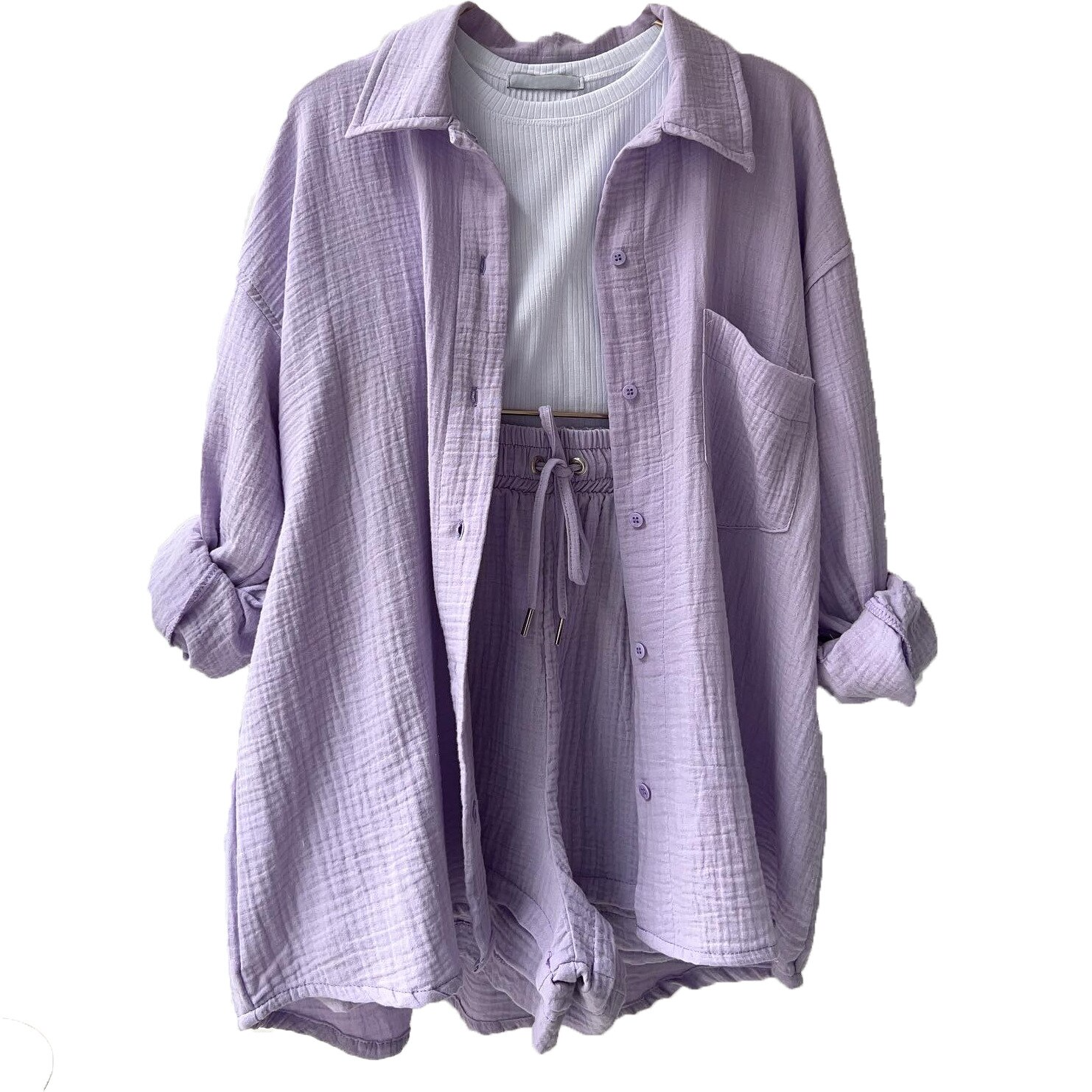 Women's lightweight cotton button-up shirt and shorts set with elastic waist, relaxed everyday style