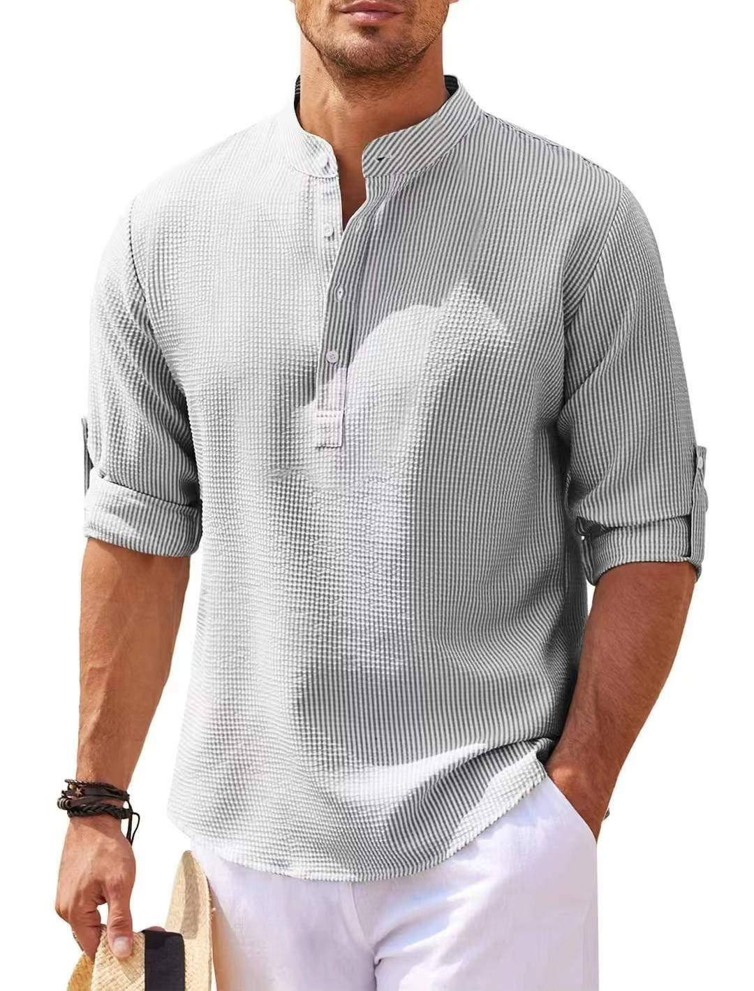Beige waffle knit Henley shirt slim casual fit tri-blend breathable texture everyday comfort