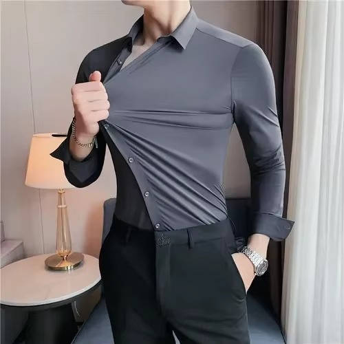 Men's wrinkle-free stretch dress shirt in classic white, slim professional cut with four-way flex fabric
