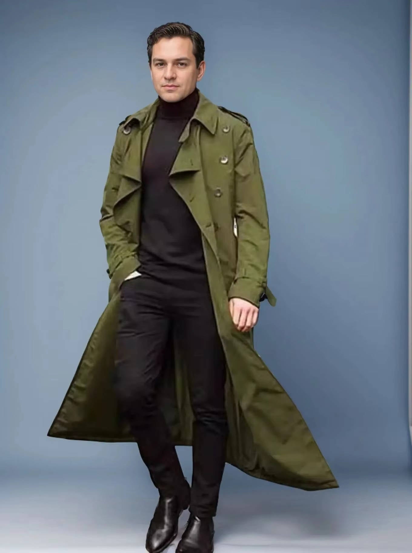 Men's long double-breasted trench coat solid color tailored overcoat with waist belt for modern style