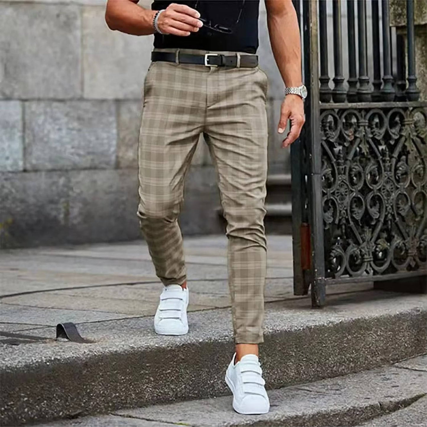 Men's relaxed straight checkered pants with mid-rise stretch comfort for work and weekend wear