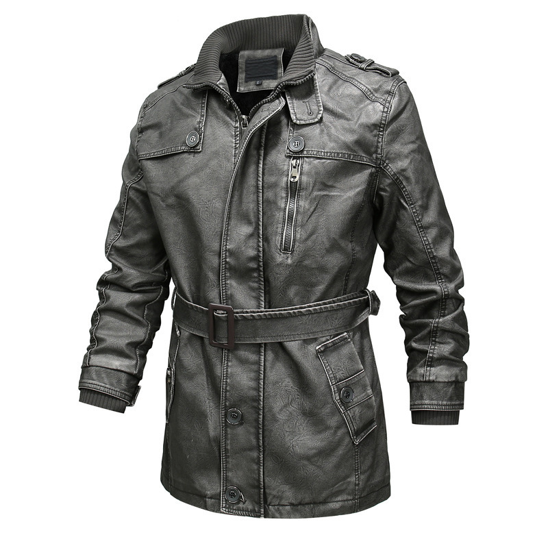 Men's washed leather look trench coat plush lined belted waist asymmetrical zip urban style