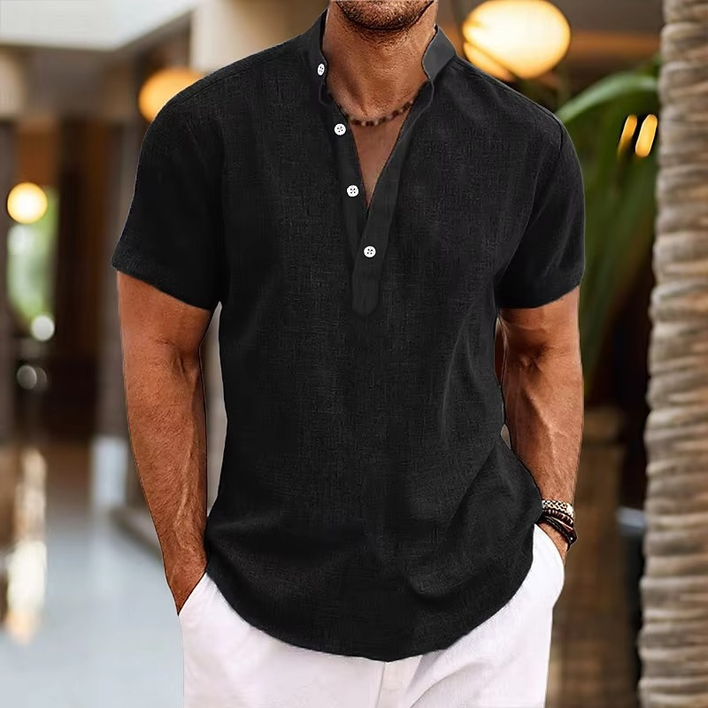 Men's light linen Henley shirt breathable lightweight short sleeve with button placket