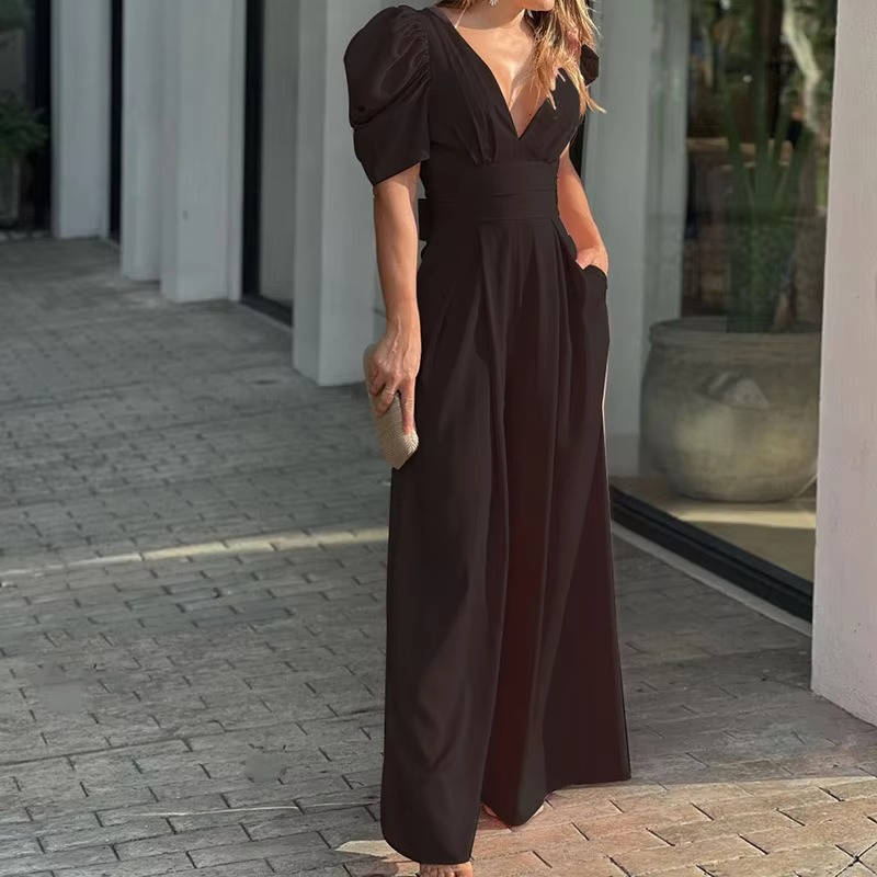 Women's elegant black tailored jumpsuit wide-leg floor-length formal one-piece wedding style