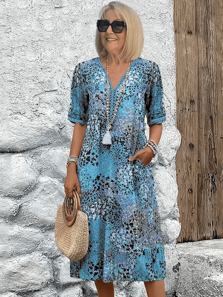 Hailey flowy knee-length abstract print summer dress for women with side pockets, breathable fabric