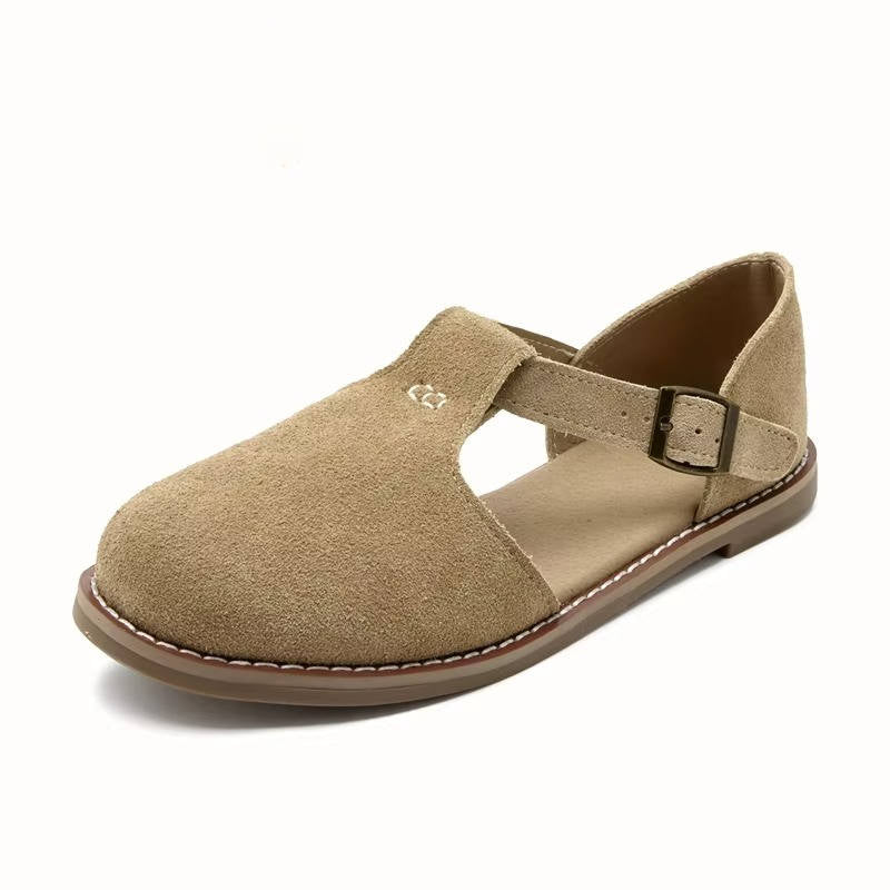 Women's suede T-strap flats in neutral tone, polished flat silhouette with frosted texture upper