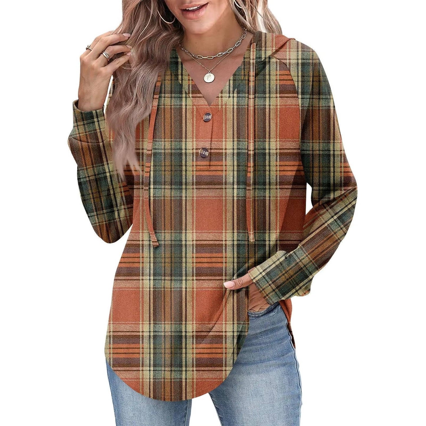 Women's relaxed V-neck button hoodie sweatshirt in casual everyday comfort style with partial button detail
