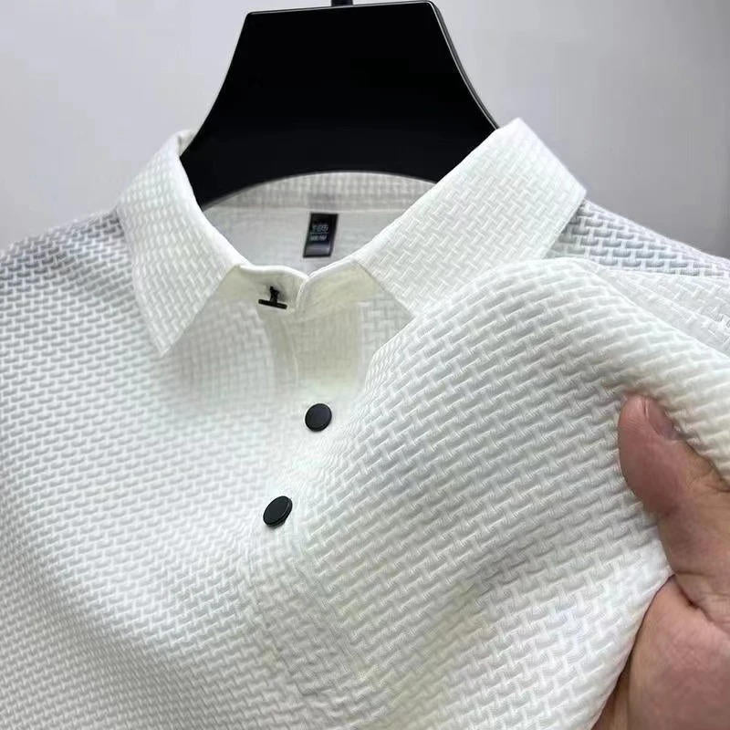 Men's navy blue knitted polo shirt short sleeve breathable stretch fabric modern slim fit