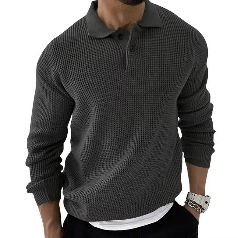 Men's waffle knit long sleeve sweater in neutral tones, relaxed fit with raised texture pattern