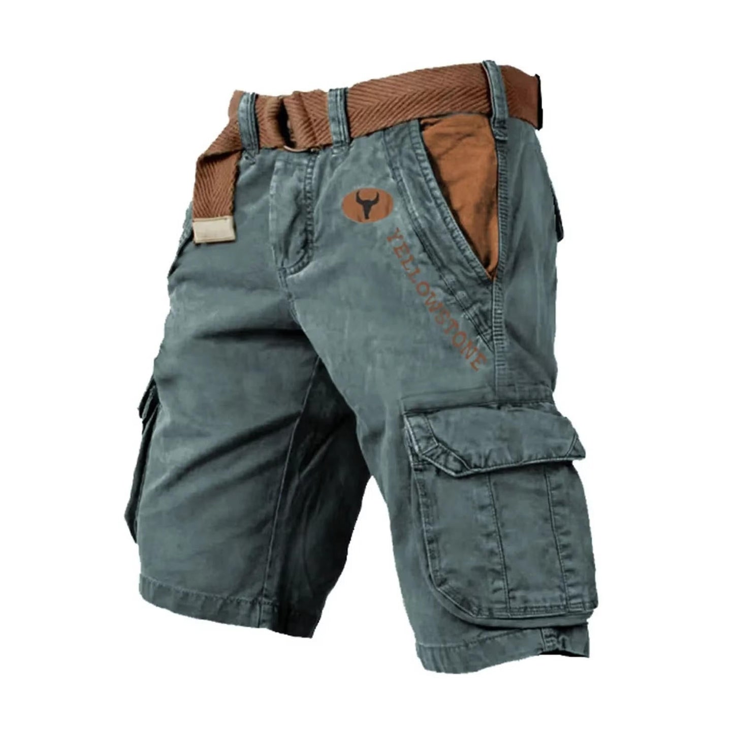 Men's khaki multifunctional cargo shorts with six-pocket layout, relaxed fit for outdoor travel