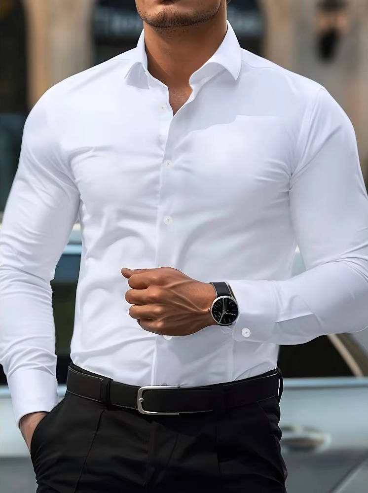 TrendAura men's slim fit button-down shirt light blue four-way stretch fabric with elegant cuffs