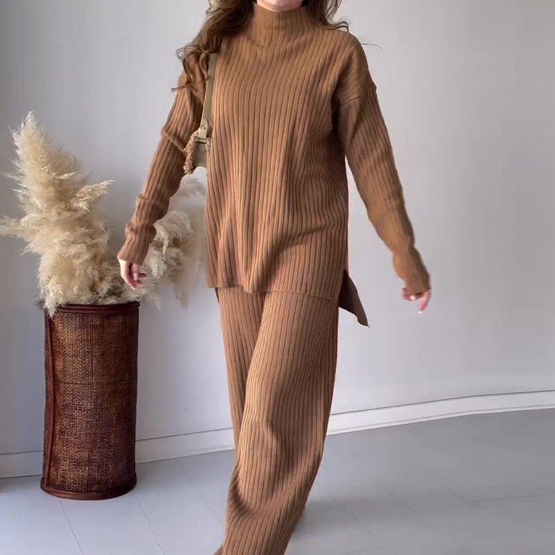 Women's ribbed knit two-piece sweater and pants set, relaxed fit coordinated loungewear