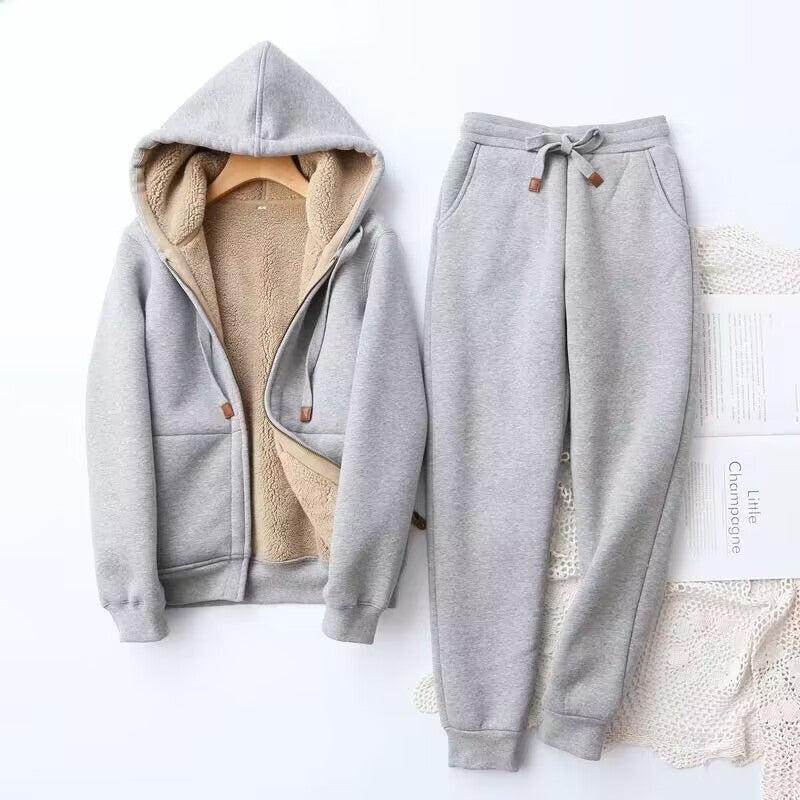 Women's gray hoodie and jogger set, relaxed cozy fit with matching two-piece winter loungewear style