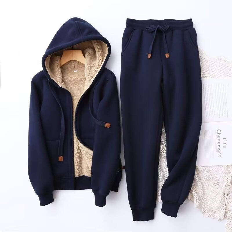 Women's gray winter hoodie and jogger set with relaxed fit, cozy fleece fabric for casual wear