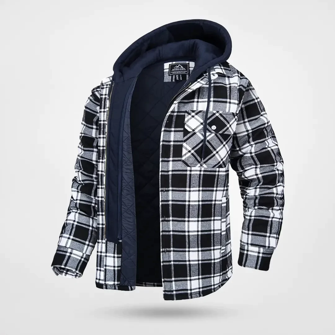 Men's hooded checkered coat relaxed fit with quilted lining for cold-weather warmth