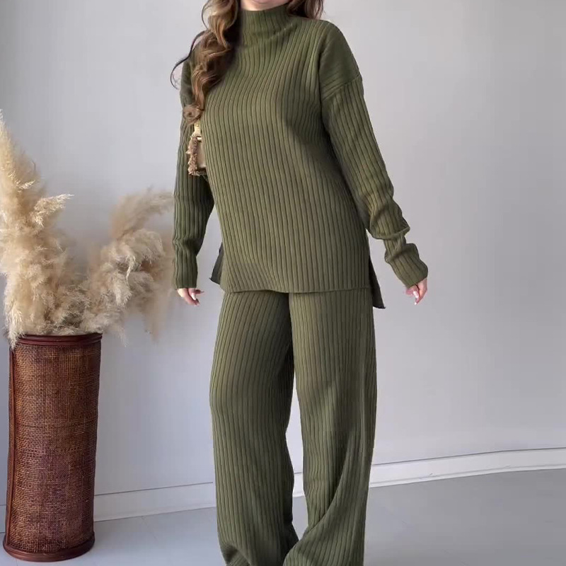 Women's ribbed knit two-piece sweater and pants set, cozy relaxed fit matching lounge coord