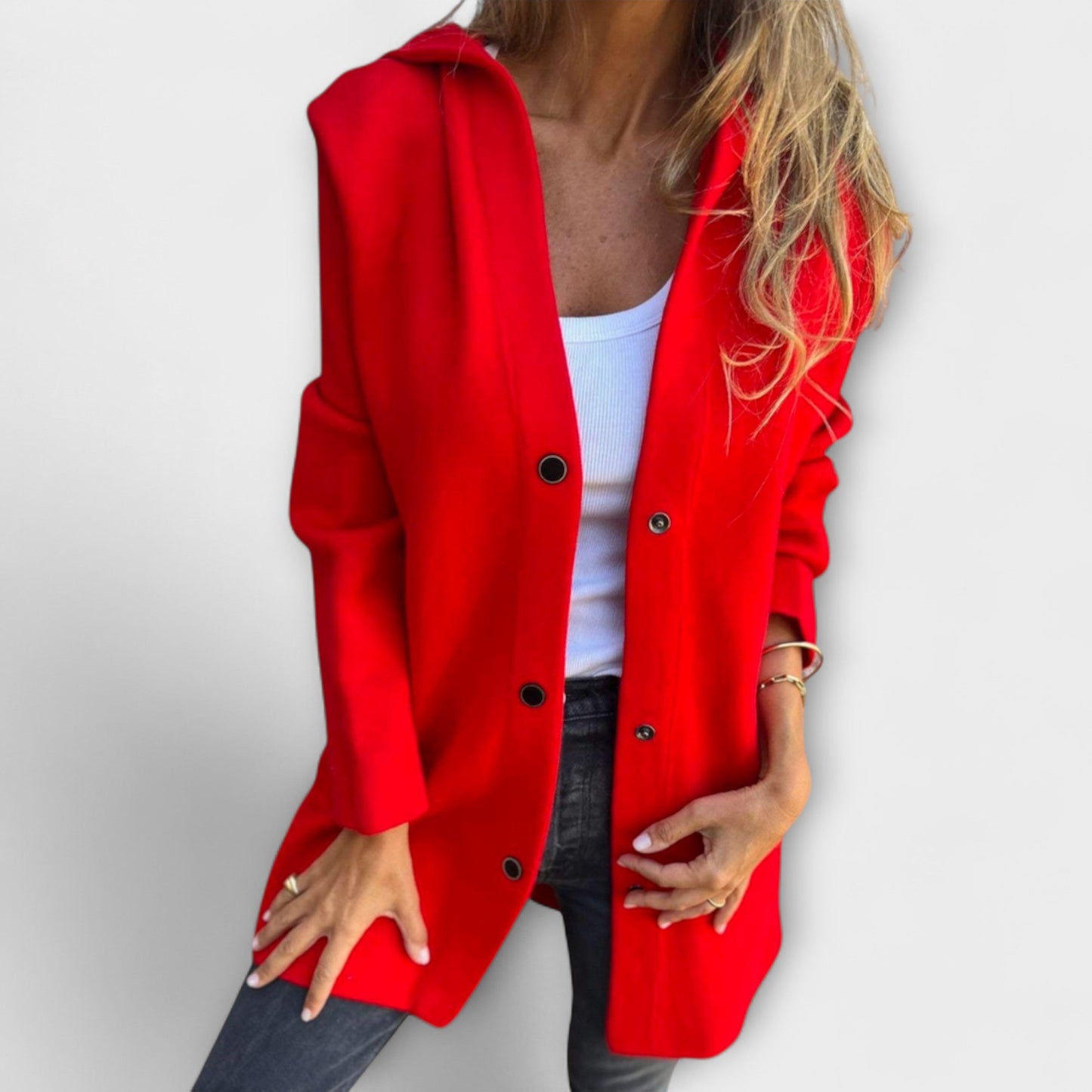 Women's long coat tailored silhouette button-front casual everyday elegance versatile outerwear