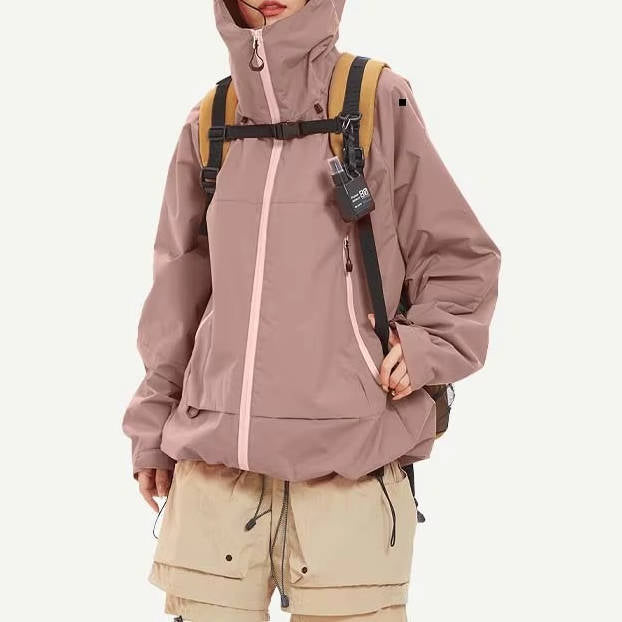Men's waterproof hiking rain shell jacket with hood and front zipper pockets, rugged urban style