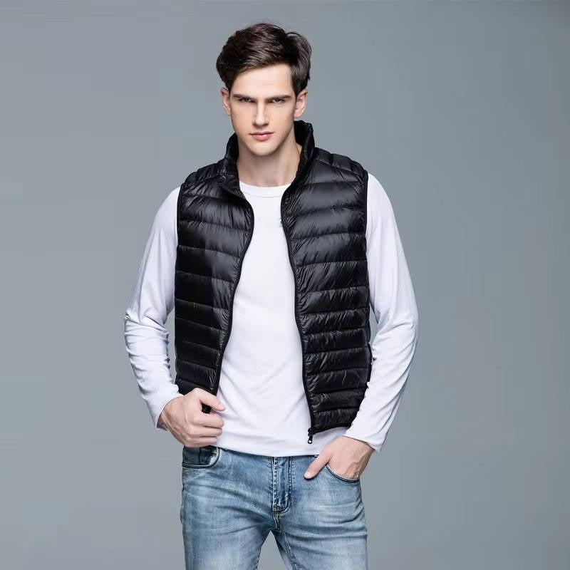 Men's navy blue lightweight packable down vest slim fit with zippered pockets for travel