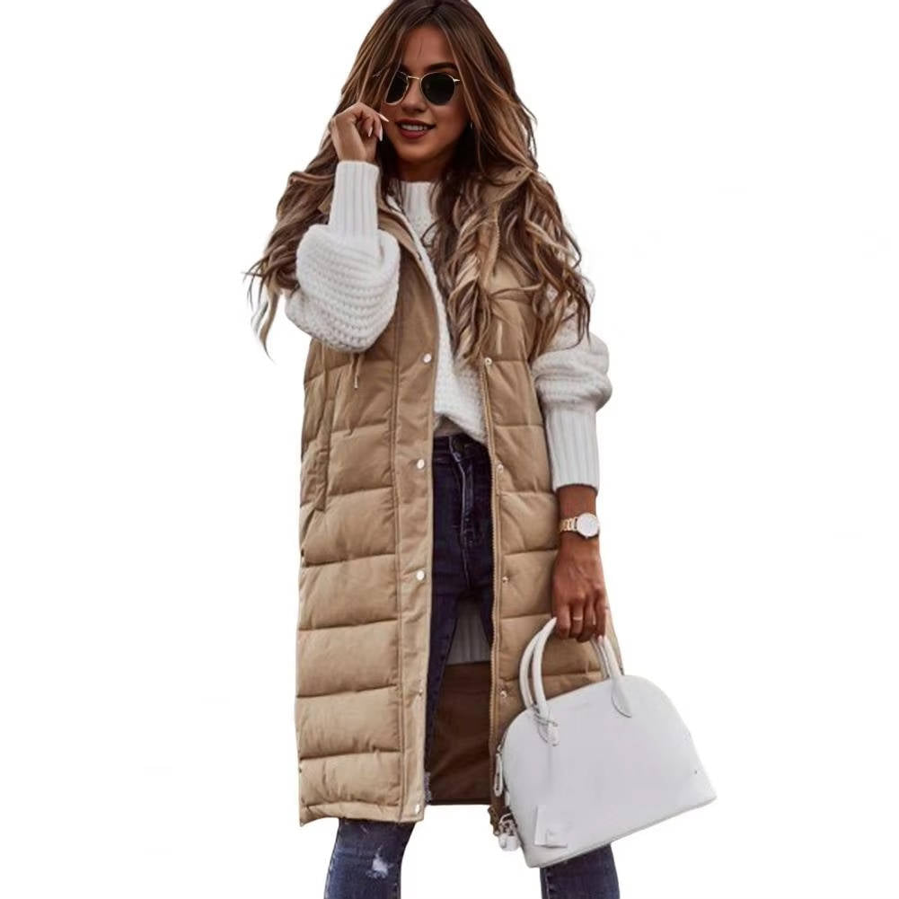 Women's knee-length hooded puffer vest lightweight sleeveless quilted design for outdoor walks