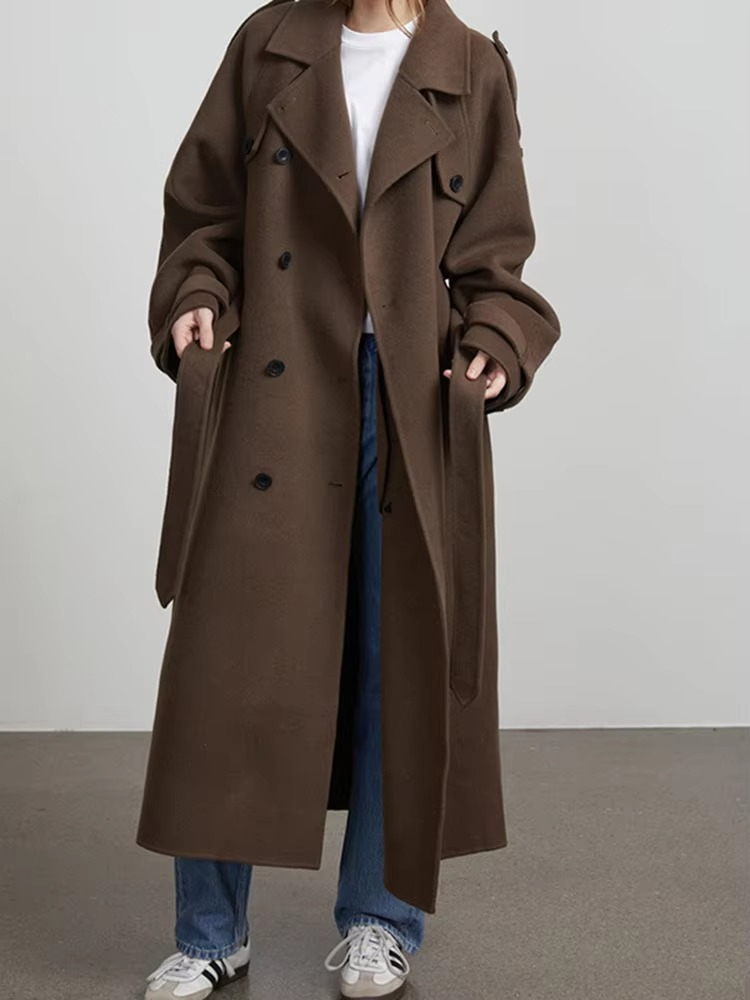 Women's wool blend long coat knee-length camel brown polished everyday winter outerwear with clean tailored silhouette