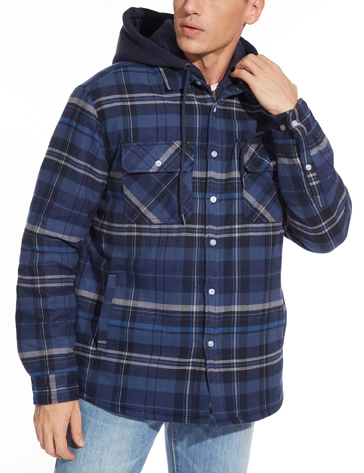 Men's plaid bomber jacket with hood, zip front, warm lining, and classic checked pattern