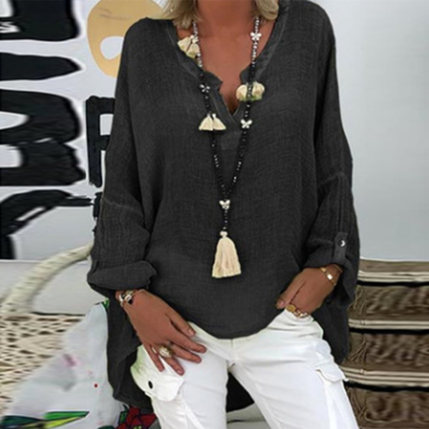 Women's relaxed linen blouse Natalia in natural tones, lightweight breathable fabric elegant fit