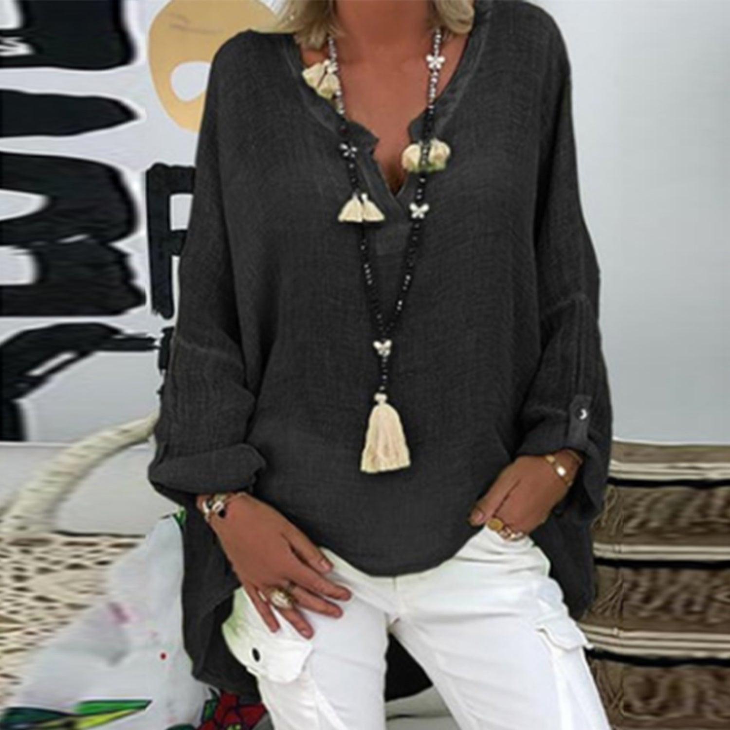 Women's relaxed linen blouse Natalia in natural tones, lightweight breathable fabric elegant fit