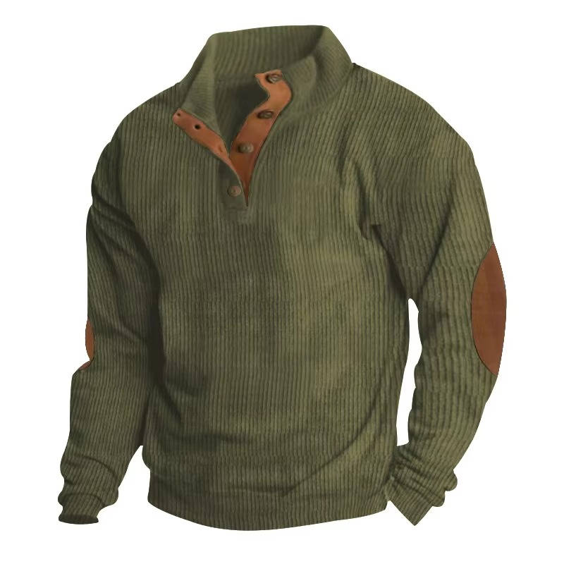 Men's gray button neck pullover sweater classic knit with contrast elbow patches modern slim fit