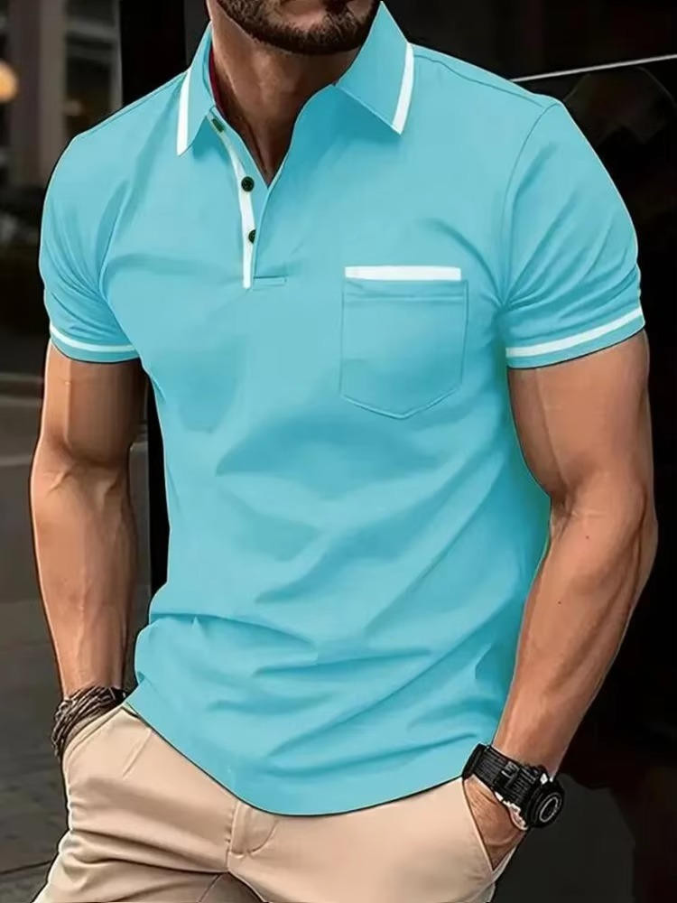 Men's short sleeve polo shirt chest pocket classic fit breathable premium cotton blend everyday wear