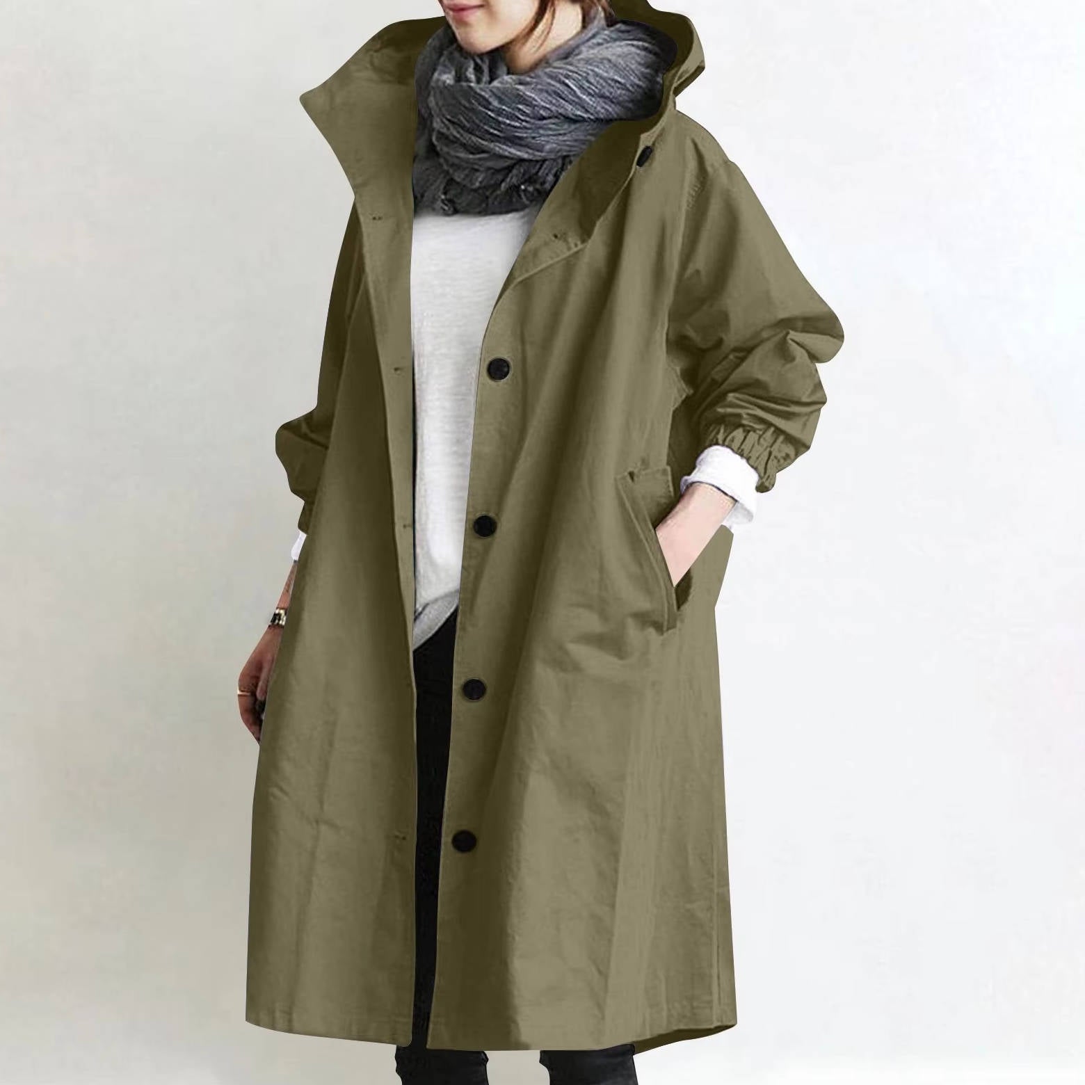 Women's oversized waterproof trench coat modern flattering fit breathable polyester fabric