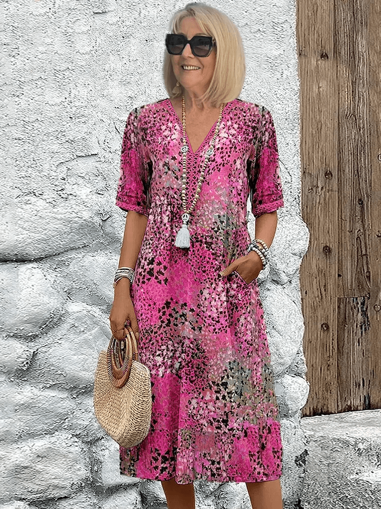 Hailey flowy knee-length abstract print summer dress for women with side pockets, breathable fabric