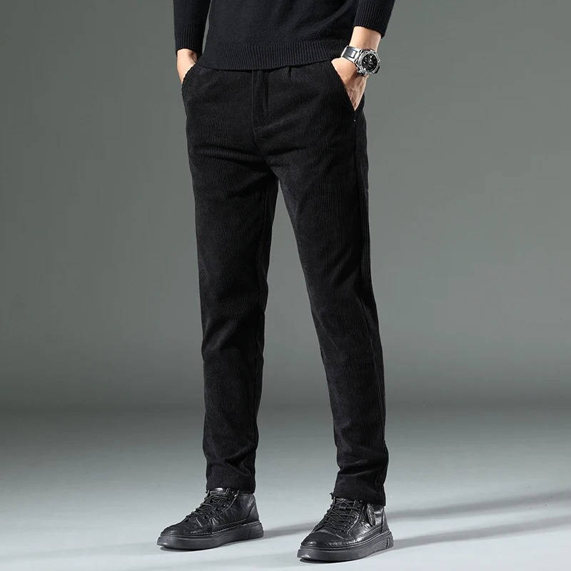 Grey slim fit corduroy pants for men, tailored through seat and thighs for work and weekend