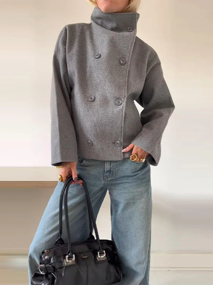 Women's short wool blend oversized coat stand-up collar double-breasted urban style