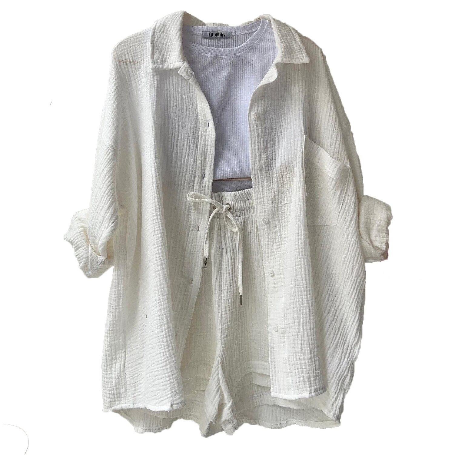 Women's lightweight cotton button-up shirt and shorts set with elastic waist, relaxed fit everyday style