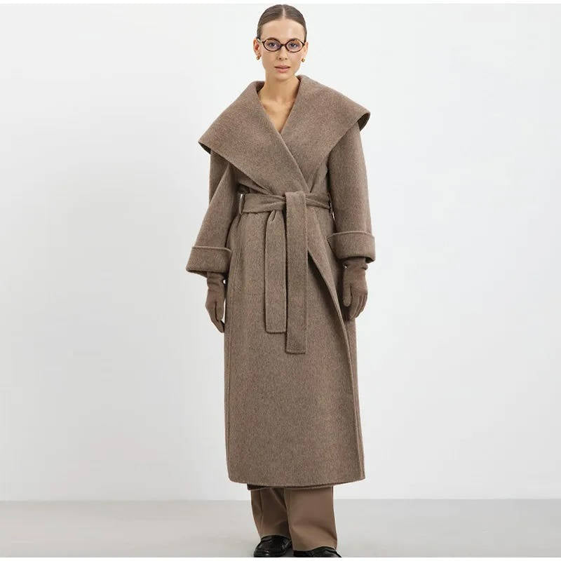 Women's double breasted wool overcoat lace-up detail tailored silhouette elegant winter style