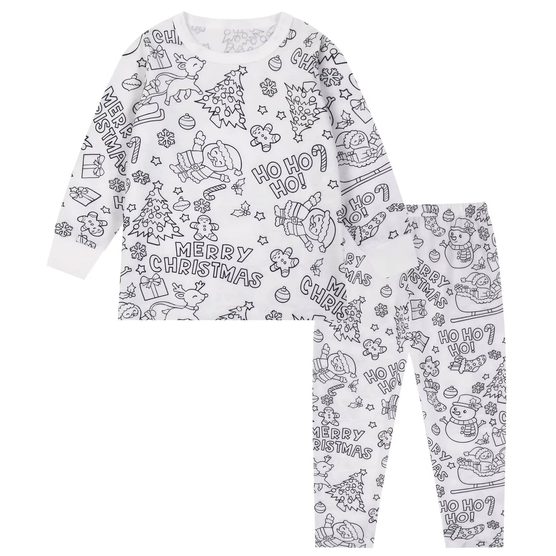Kids unisex cotton-blend pajamas with bold pre-printed coloring patterns, soft breathable sleepwear